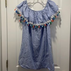Off the shoulder blue and white stripe with tassels dress